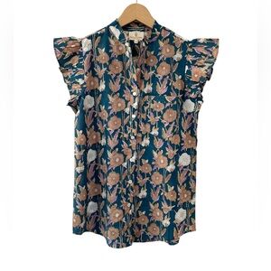 Perry Walker Collective women's Celia top sz 1 S 2/4 teal cotton flutter NWT